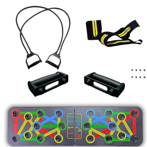 COMBO - Push up Board for Men Double Toning Tubes and Wrist Straps | Build your complete upper Body Strength with Home Gym Equipment with Pushup Board + Double Toning Tube + Wrist Band