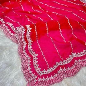 Hot Pink Satin Georgette Party Saree with Handcrafted Stone Embellishments & Blouse Piece