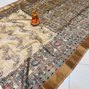 Handcrafted Tussar Silk Saree with Madhubani-Inspired Birds & Floral Vines – Beige with Bronze Elegance