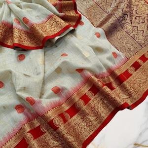 Ice Grey Handwoven Mahabalipuram Silk Saree with Rich Red Antique Gold Zari Border