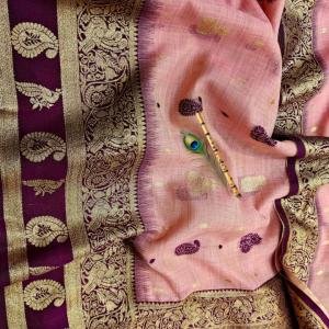 TUSSAR BENARASI SAREE WITH PASTEL COLOUR  CONTRAST BORDER