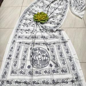 Noir Thread on Ivory Dreams – Handcrafted Kantha Saree in Assam Silk