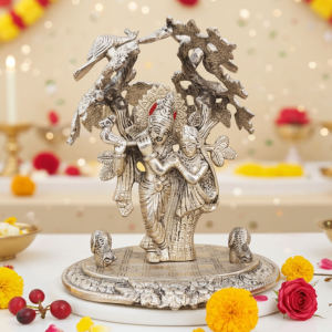 Aluminium Radha Krishna Idol – Silver Finish Religious Showpiece