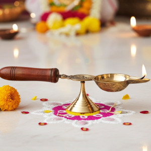 Brass Table Decor Oil Lamp Deepak With Wooden Handle  - Unique Brass Deepak Design