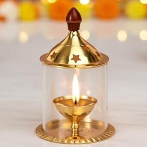 Brass Table Decor Oil Lamp Deepak With Chimney  - Elegant Deepak for Temple Lighting