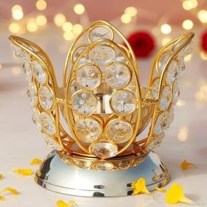 Brass Table Decor Oil Lamp Deepak With Crystal  - Antique Deepak for Aesthetic Décor