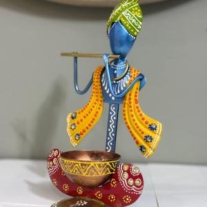 Krishna Statue Tea Light Holder for Diwali, Kanha Playing Flute Tealight Candle Holder for Home Décor