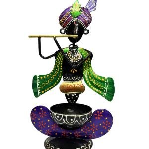 Decorative Metal Krishna Figurine with Flute, Tea Light Stand, Green  Robe, Candle Holder Copper Bowl Stand, Traditional Indian Art