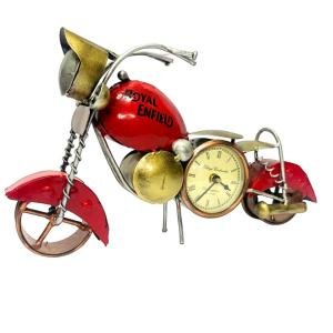 Royal Enfield Vintage Metal Bike Table Clock – Antique Red Home Décor Showpiece
