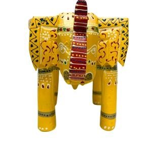 Handcrafted Wooden Elephant Stool, Yellow with Colourful Hand-Painted Design, Decorative Furniture