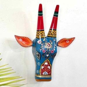 Handcrafted Big 10 Inch blue Cow Head Wall Hanging | Ethnic Indian Wooden Art | Decorative Animal Face Mask for Home Décor