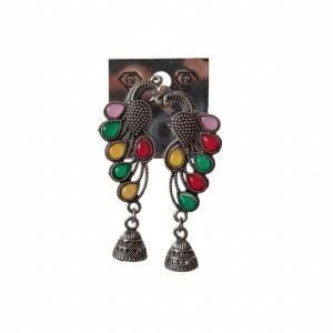Oxidized Silver Peacock Jhumka Earrings With Multicolour