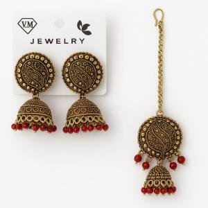 gold-plated oxidized jhumka earrings and maang tikka set