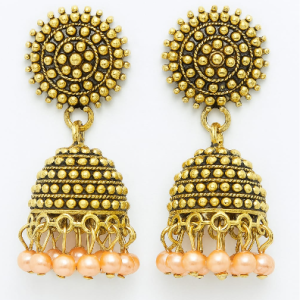 Antique Gold Jhumka Earrings with Peach Pearl Accents