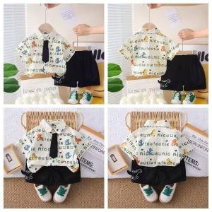 Kids Pure Cotton Linen Printed Shirt Set with Bottoms & Detachable Tie