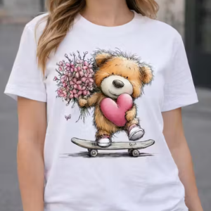 Women White Cotton Printed T-Shirt Cute Teddy Bear