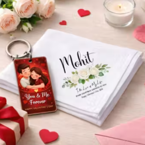 Personalized Valentine Gift Combo for Couples | Customized Name Printed Handkerchief & Romantic Couple Keychain
