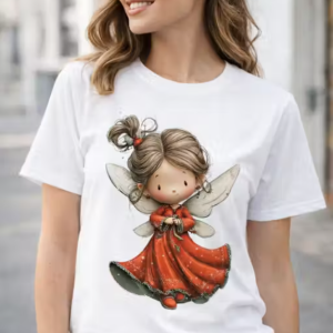 Women White Cotton Printed T-Shirt Cute Fairy Girl Design Casual Wear