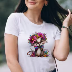 Cute Floral Animal Printed White Cotton T-Shirt for Women