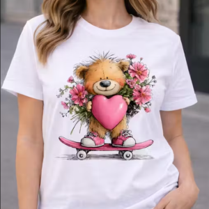 Women White Cotton Printed T-Shirt Cute Teddy Bear Skateboard Heart Design Casual Wear