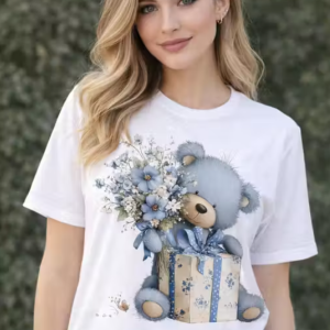 Women White Cotton Printed T-Shirt Cute Teddy Bear Gift Floral Design