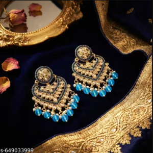 Premium Quality Kundan & Blue Beaded Ethnic Chand Bali Earrings