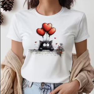 Cute Cat with Heart Balloon Printed White Cotton T-Shirt for Women
