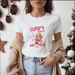 Cupid’s Favorite Hot Mess Printed White Cotton T-Shirt for Women