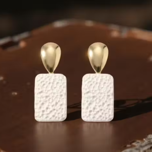Trendy Gold Drops Top Textured White Rectangle Dangler Earrings for Women & Girls