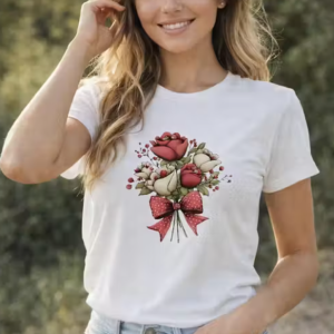Rose Bouquet Printed White Cotton T-Shirt for Women