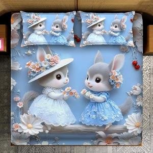 Sky Light Blue Colour 7D Mouse Printed Glace Cotton Super King Size 275x275cm Double Bed Sheet with 2 Pillow Covers