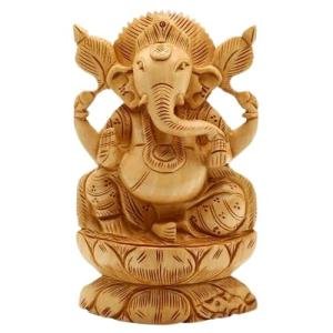 Wooden Ganesh Idol for Home Décor – 15 cm Hand-Carved Ganesha Statue – Blessing Vastu Idol for Pooja Room, Office & Car Dashboard
