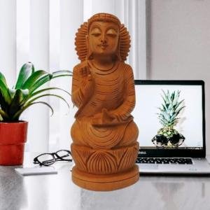 Handcrafted Wooden Buddha Statue – Meditating & Laughing Buddha Idols for Home Decor, Office, Vastu & Gifting | Natural Wood Finish Showpieces