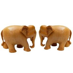 Eco Friendly Wooden Elephant Showpiece Down Trunk Set of 2 Pcs Elephant Pair 2 inch for Living Room in Home Decorative Showpiece