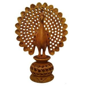 Handcrafted Wooden Peacock Showpiece for Home Décor | 15 cm Undercut Decorative Sculpture | Traditional Indian Wood Art