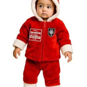Fun Junction Winter Suit for Infants, Red Hooded Snowsuit with Fur Trim, Warm Fleece Holiday Outfit
