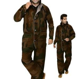 Military Style Camouflage Rainsuit, Waterproof Hooded Jacket and Trousers Set, Brown and Green, Regular Fit