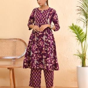 💜 Women Cotton Floral Printed Anarkali Kurta with Palazzo Set – Purple