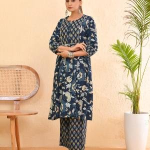 🌌 Women Cotton Floral Printed Anarkali Kurta with Palazzo Set – Navy Blue