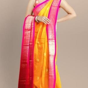 Cotton Silk Pai Thani Border Saree with Contras Blouse ,Zari Border with Peacock Booty