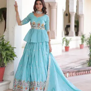 D 40 💙 Elegant Sky Blue Embroidered Lehenga Choli Set 💙