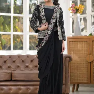D 90🖤 Elegant Black Indo-Western Saree Set 🖤
