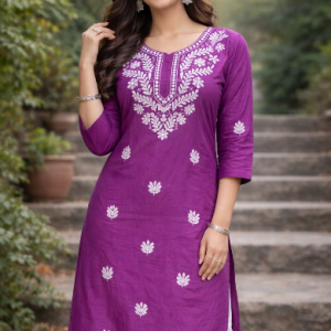 CPMPUER CHIKANKARI RAYON KURTI ROUND NECK 3/4TH SLEEVE .46INCH LENGTH
