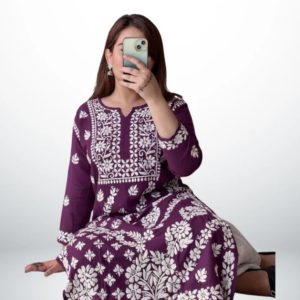 ANAYA Rich Wine Purple Lucknowi Chikankari Heavy Modal Kurti