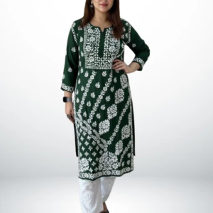 ANAYA Green Lucknowi Chikankari Heavy Modal Kurti
