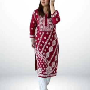 ANAYA Red Lucknowi Chikankari Heavy Modal Kurti