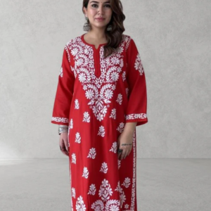 SHIVIKA Red Pure Modal Chikankari Kurta Palazzo Set