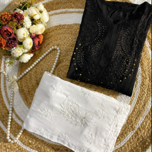 ANAMIKA Black Modal Silk Mokaish Chikankari Kurta Palazzo Set