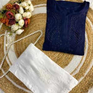 ANAMIKA Blue Modal Silk Mokaish Chikankari Kurta Palazzo Set