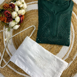 ANAMIKA Green Modal Silk Mokaish Chikankari Kurta Palazzo Set